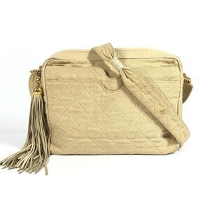 Chanel Shoulder Bag Logo Matelasse Quilted Fringe Tassel Canvas Beige